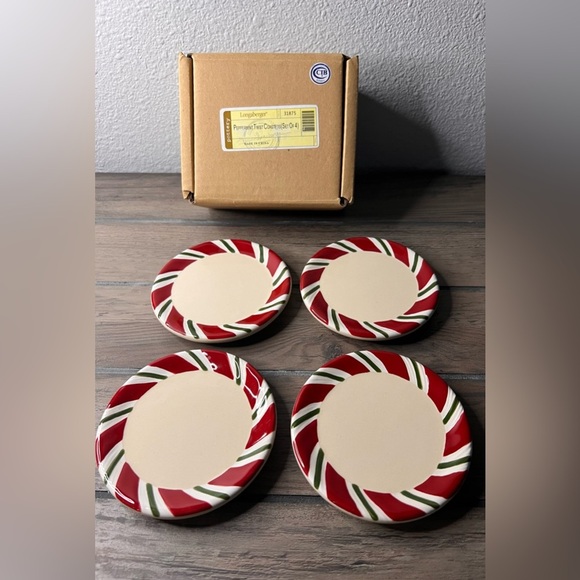 Longaberger Pottery Peppermint Twist Coasters or Pint Crock lid set of 4 perfect - Picture 1 of 5